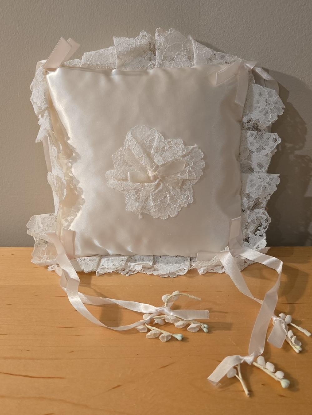 Vintage 50 Yrs Old Ivory Satin Lace Ring Bearer Pillow with Ribbon Detail